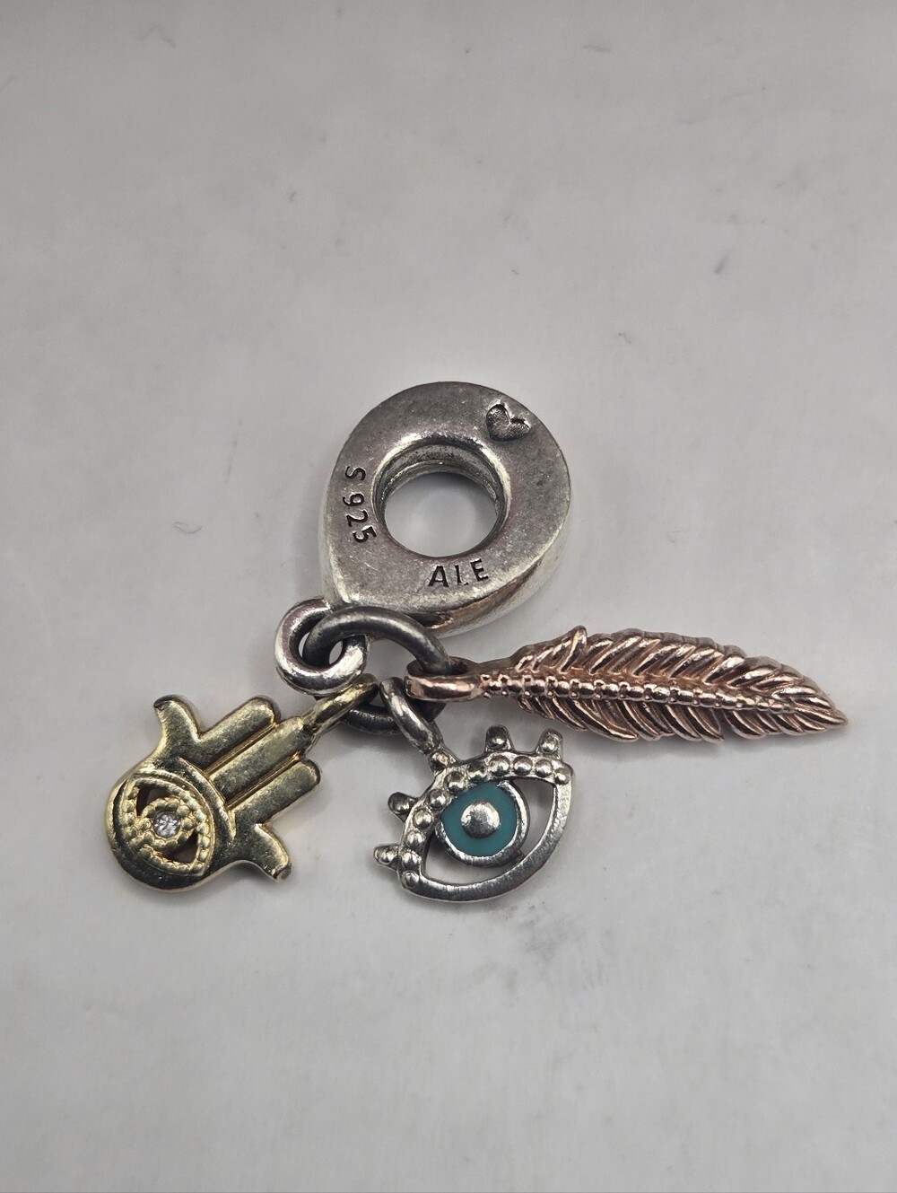 Pandora Gold, Silver & Rose Gold Hamsa, Evil Eye & Feather Dangle Charm